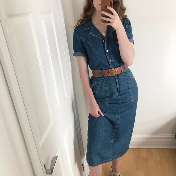 Vintage Dresses & Skirts - Vintage Boho Western Denim Jean Belted Midi Dress